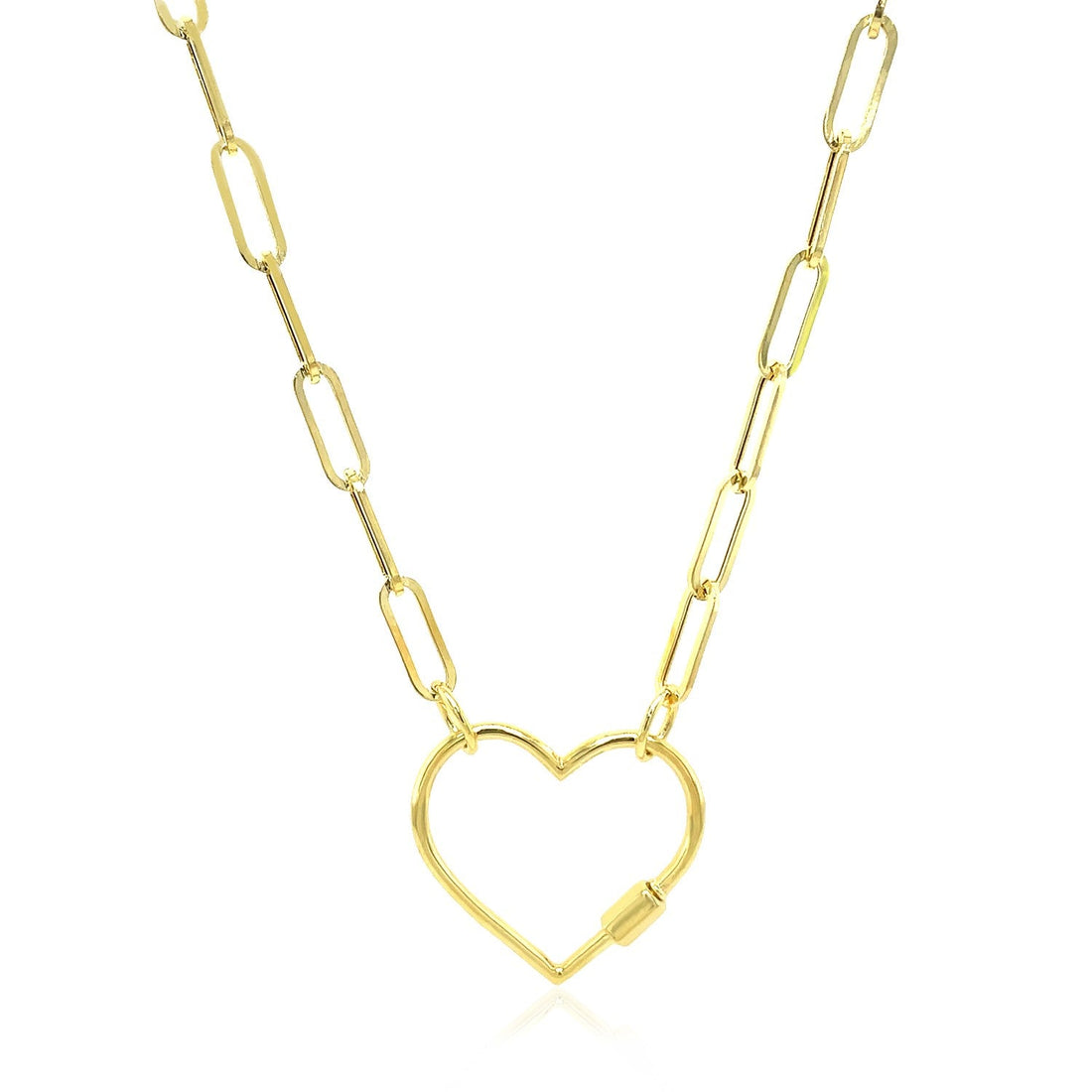 14k Yellow Gold Paperclip Chain Necklace with Heart Carabiner Clasp - Coolpeacock