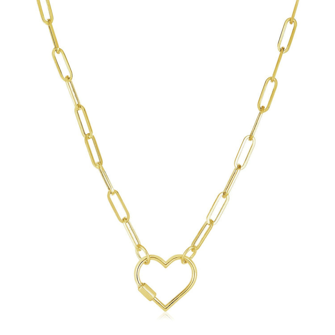 14k Yellow Gold Paperclip Chain Necklace with Heart Carabiner Clasp - Coolpeacock