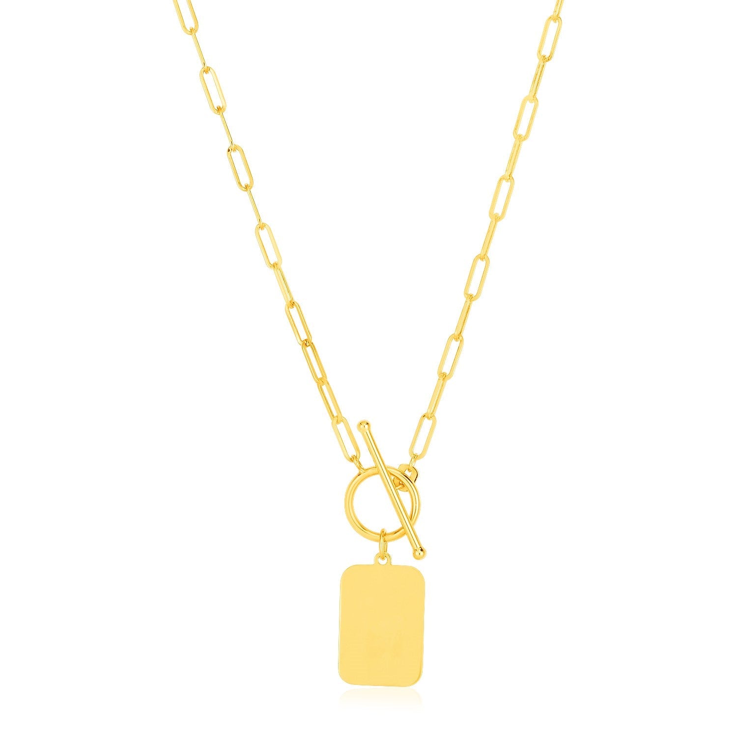 14k Yellow Gold Paperclip Chain Necklace with Rounded Rectangle Pendant - Coolpeacock