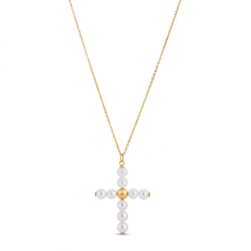 14k Yellow Gold Pearl Cross Pendant - Coolpeacock