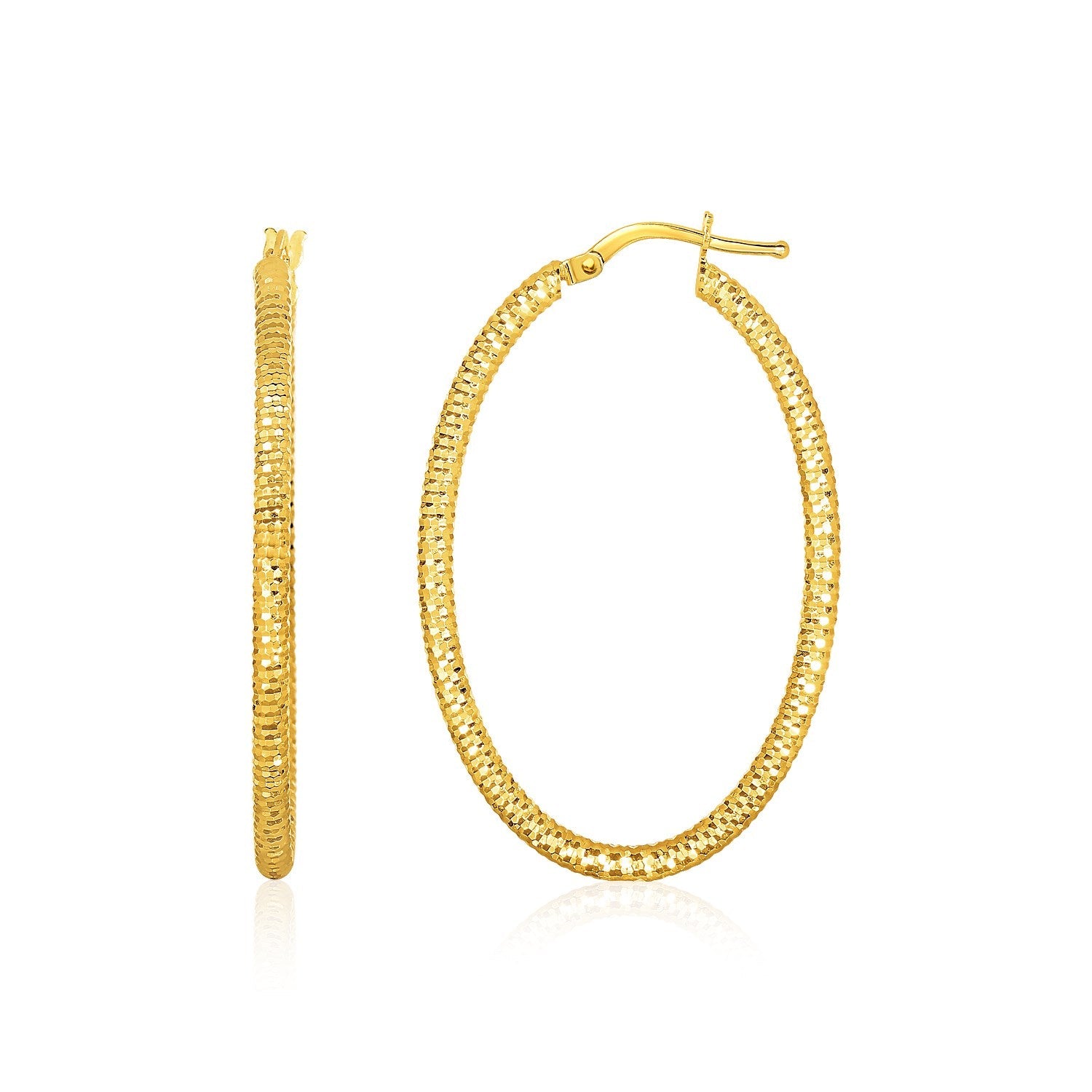 14k Yellow Gold Textured Oval Hoop Earrings(2x35mm) - Coolpeacock