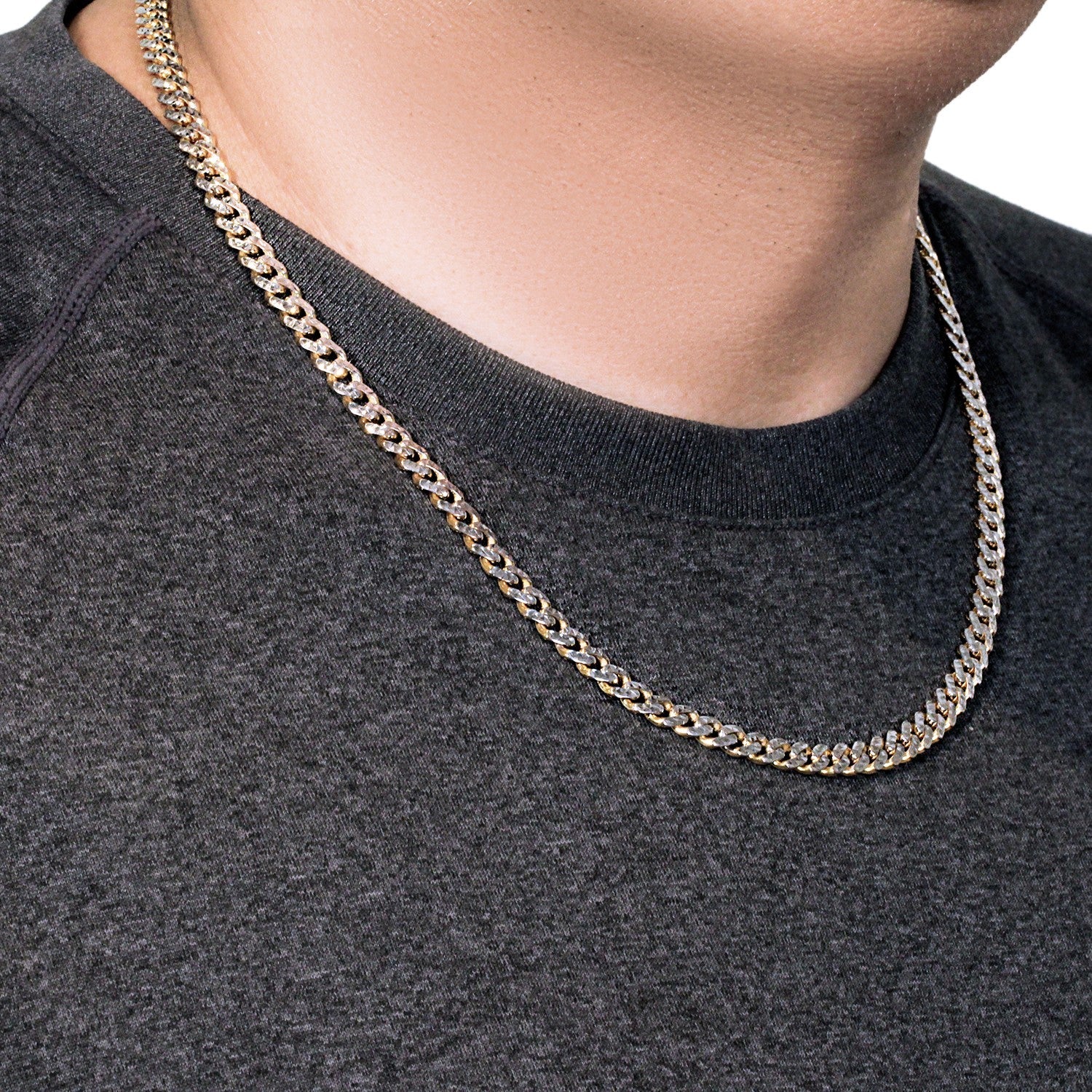 14k Yellow Gold White Pave High Polish Modern Lite Miami Cuban Chain (6.50 mm) - Coolpeacock