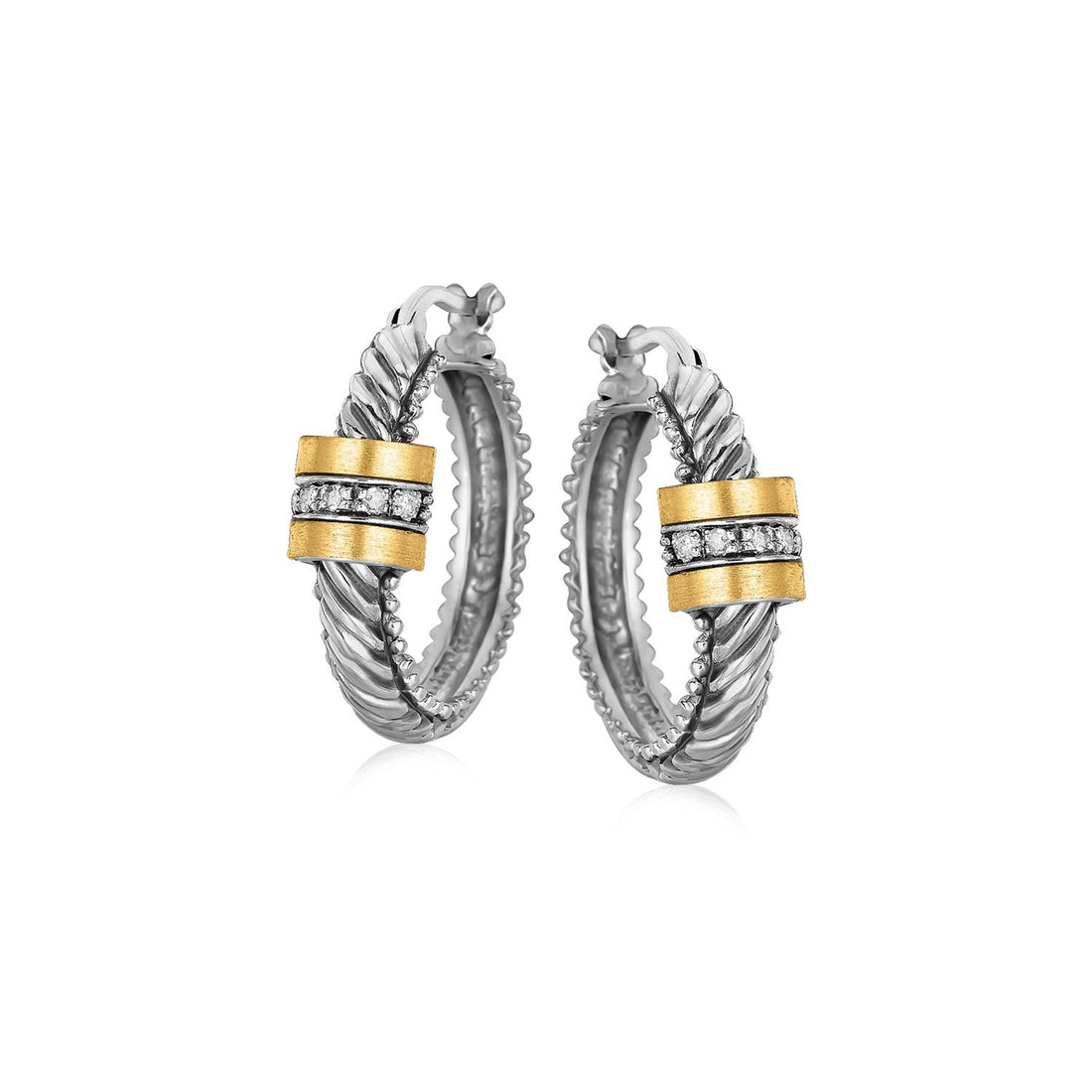 18k Yellow Gold and Sterling Silver Diamond Italian Cable Style Hoop Earrings - Coolpeacock
