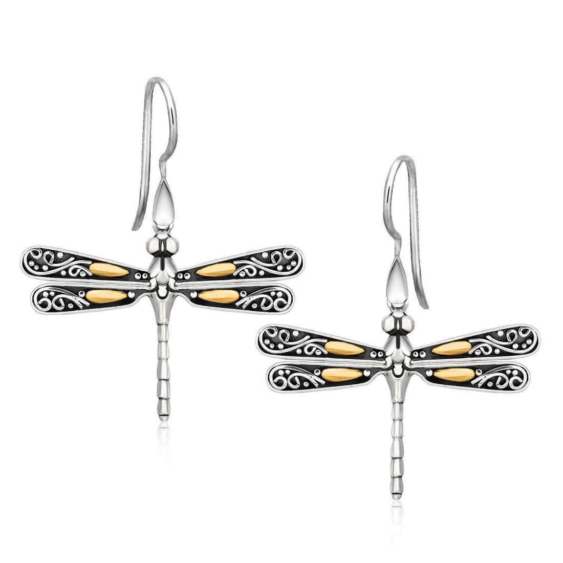 18k Yellow Gold and Sterling Silver Dragonfly Motif Drop Earrings - Coolpeacock