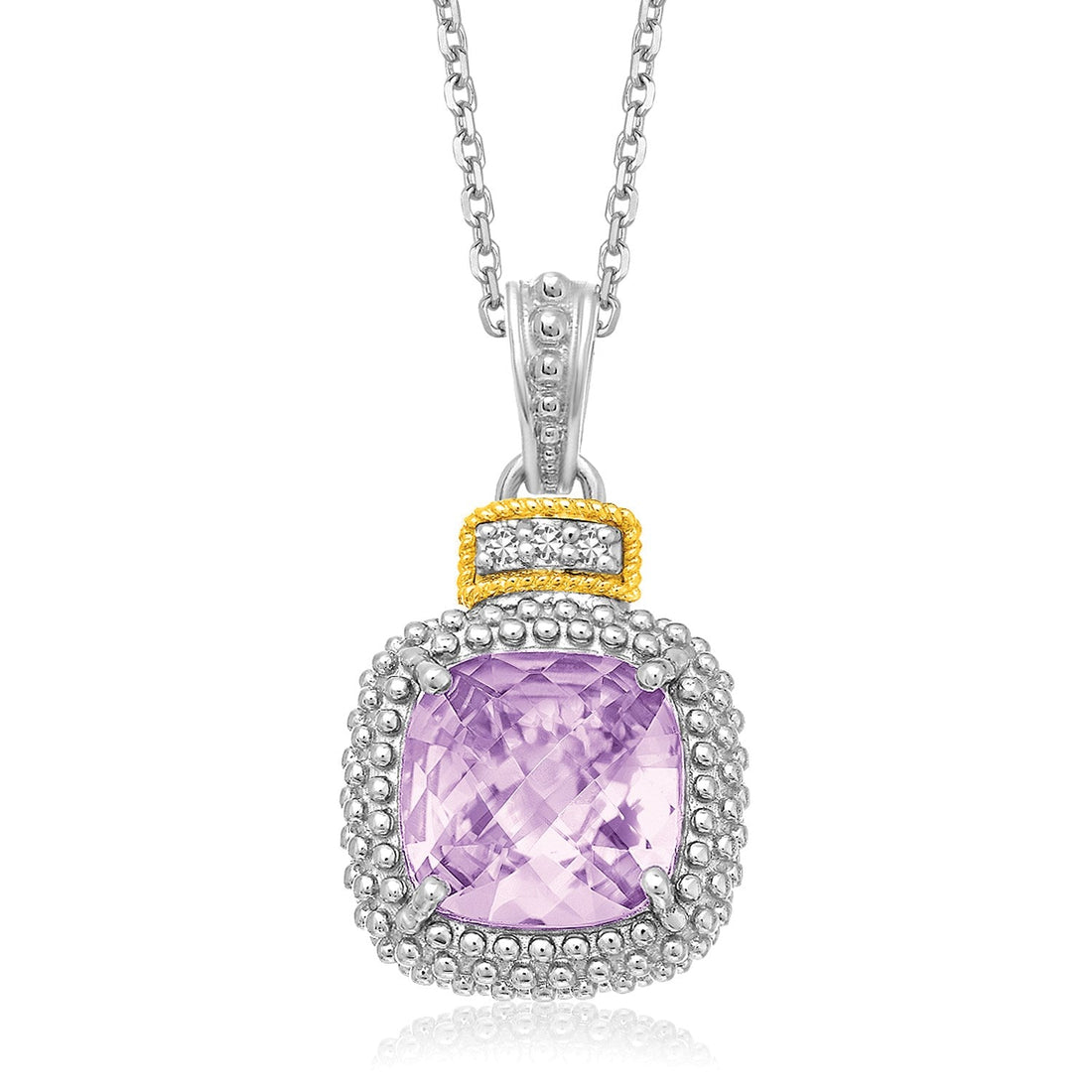 18k Yellow Gold & Sterling Silver Cushion Amethyst and Diamond Pendant - Coolpeacock