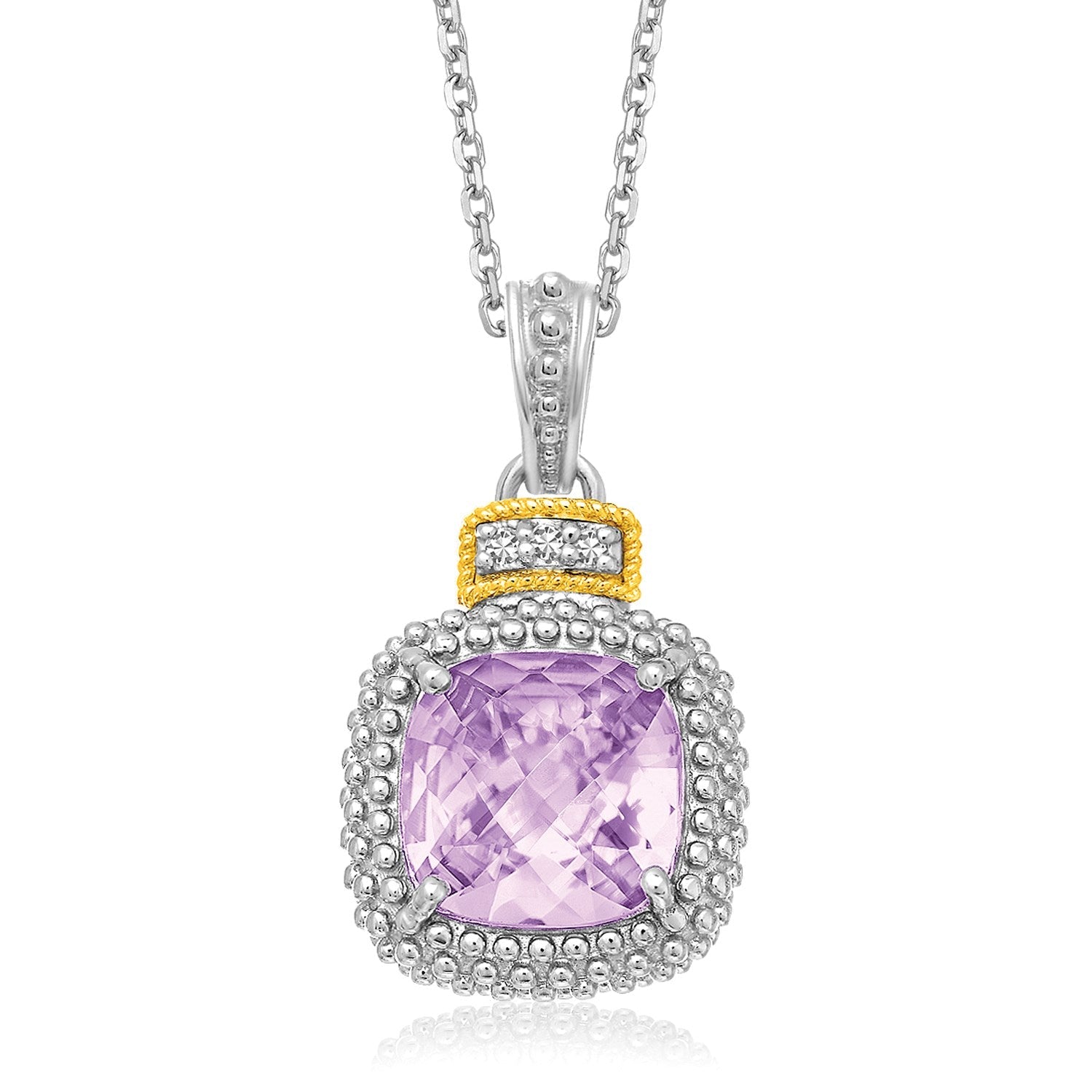 18k Yellow Gold & Sterling Silver Cushion Amethyst and Diamond Pendant - Coolpeacock