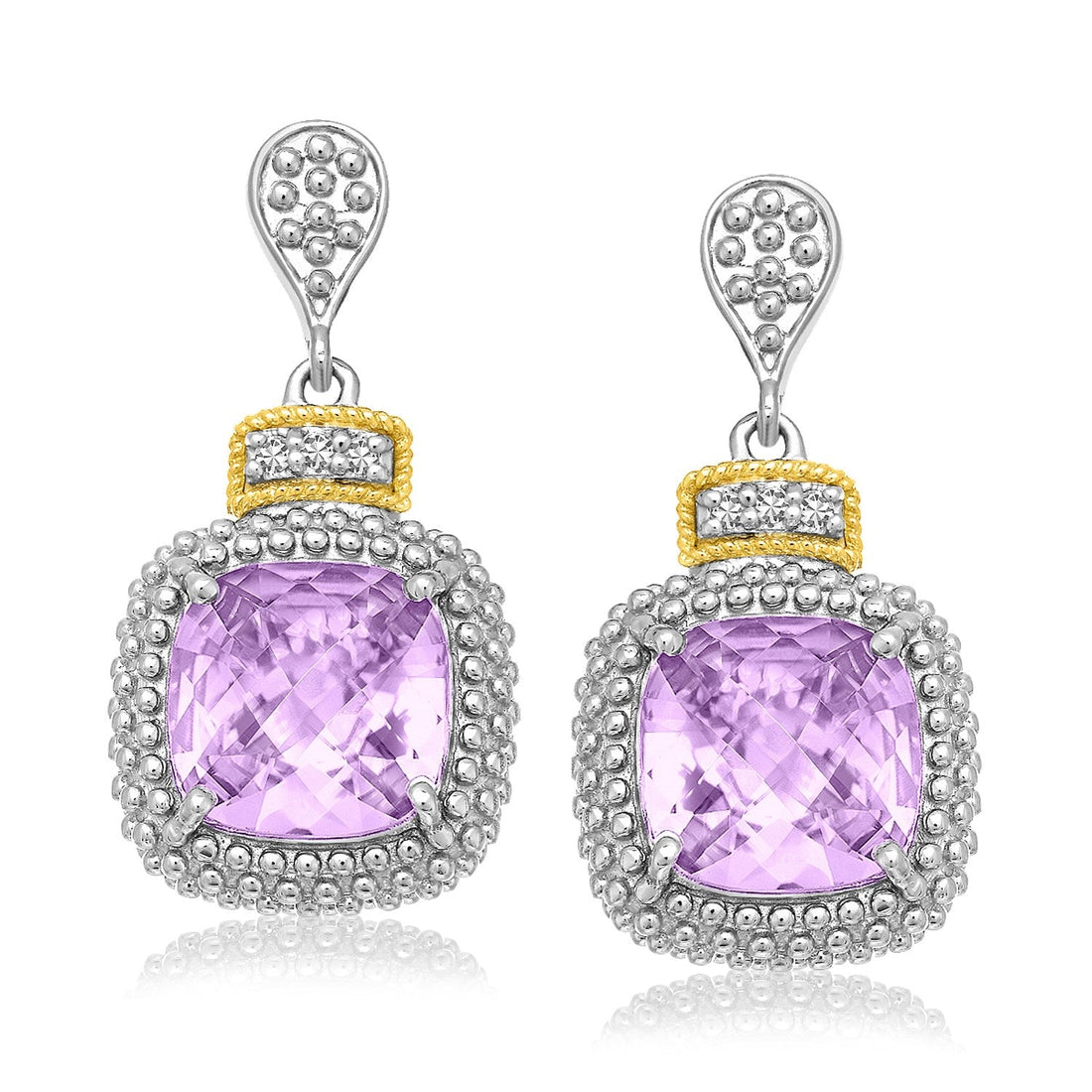 18k Yellow Gold & Sterling Silver Cushion Amethyst & Diamond Earrings (.05cttw) - Coolpeacock