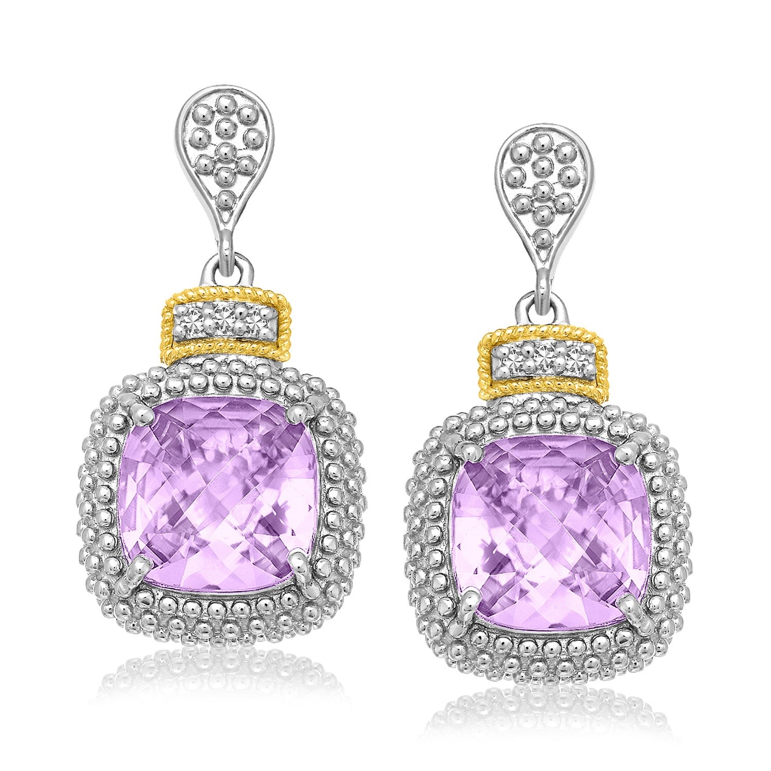 18k Yellow Gold & Sterling Silver Cushion Amethyst & Diamond Earrings (.05cttw) - Coolpeacock