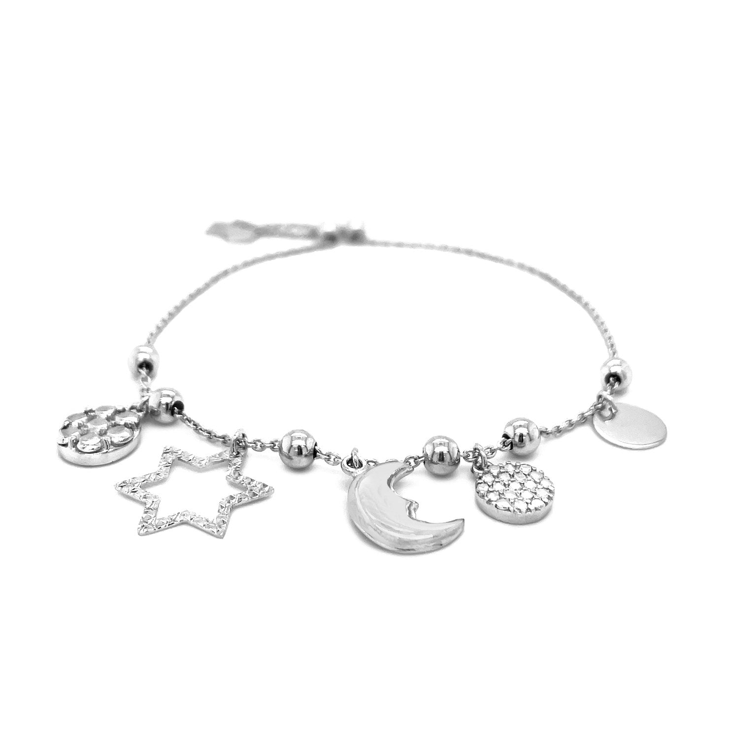Adjustable Bead Bracelet with Celestial Charms in Sterling Silver - Coolpeacock