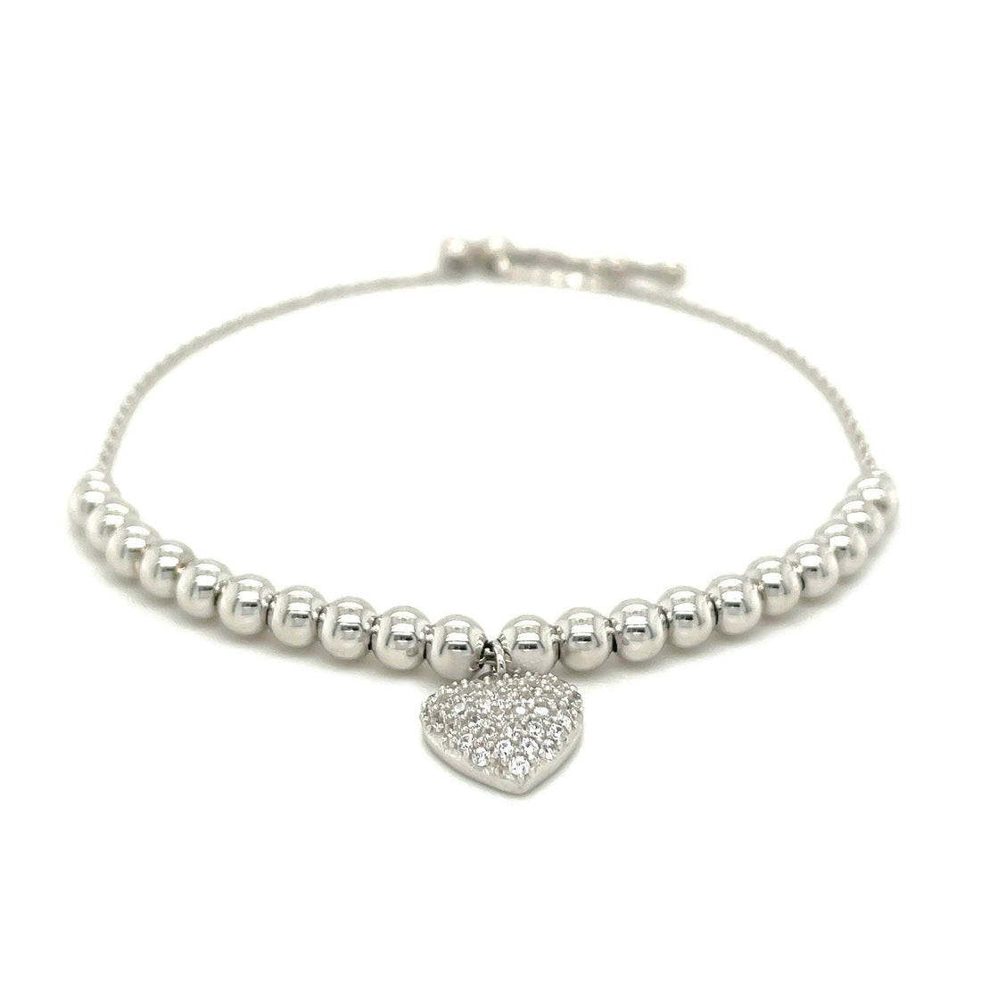 Adjustable Bead Bracelet with Round Charm and Cubic Zirconias in Sterling Silver - Coolpeacock