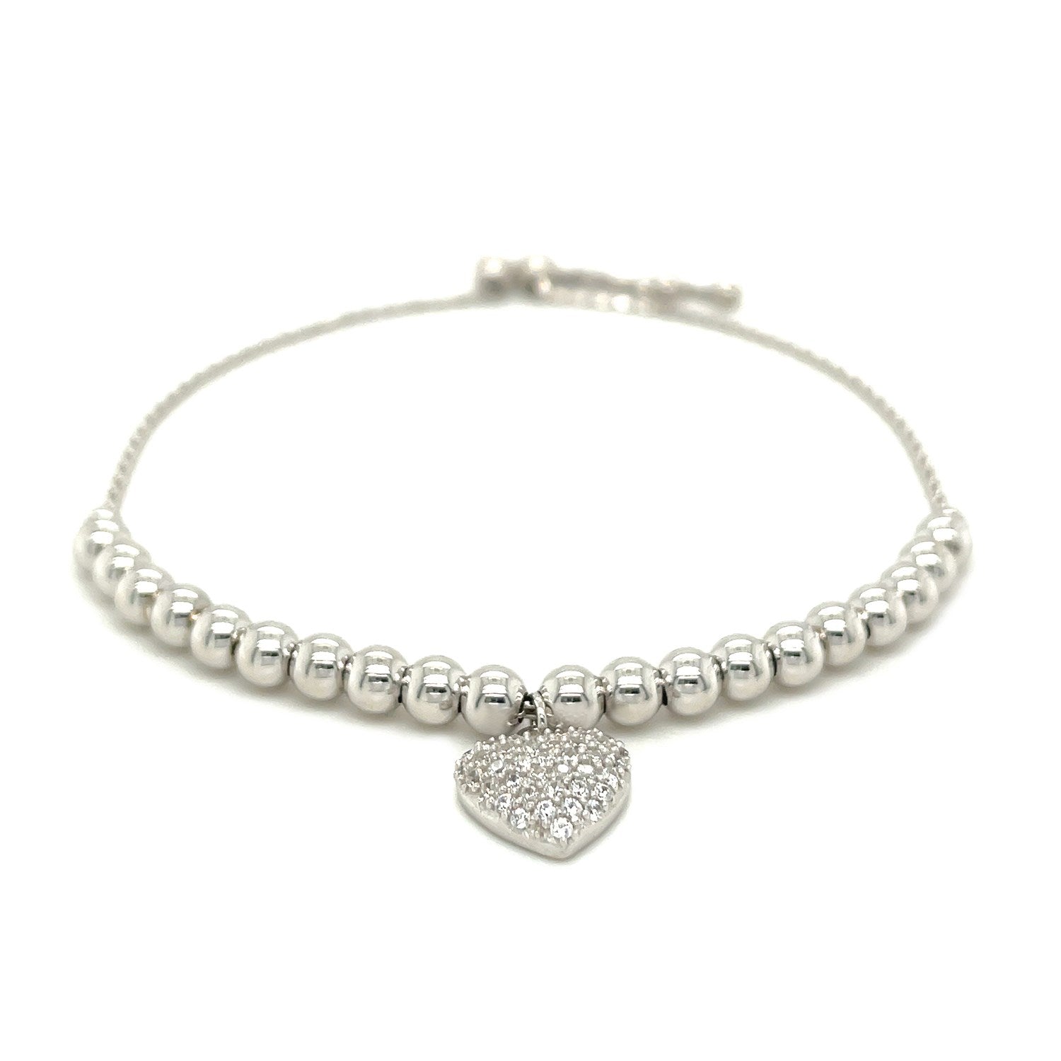 Adjustable Bead Bracelet with Round Charm and Cubic Zirconias in Sterling Silver - Coolpeacock
