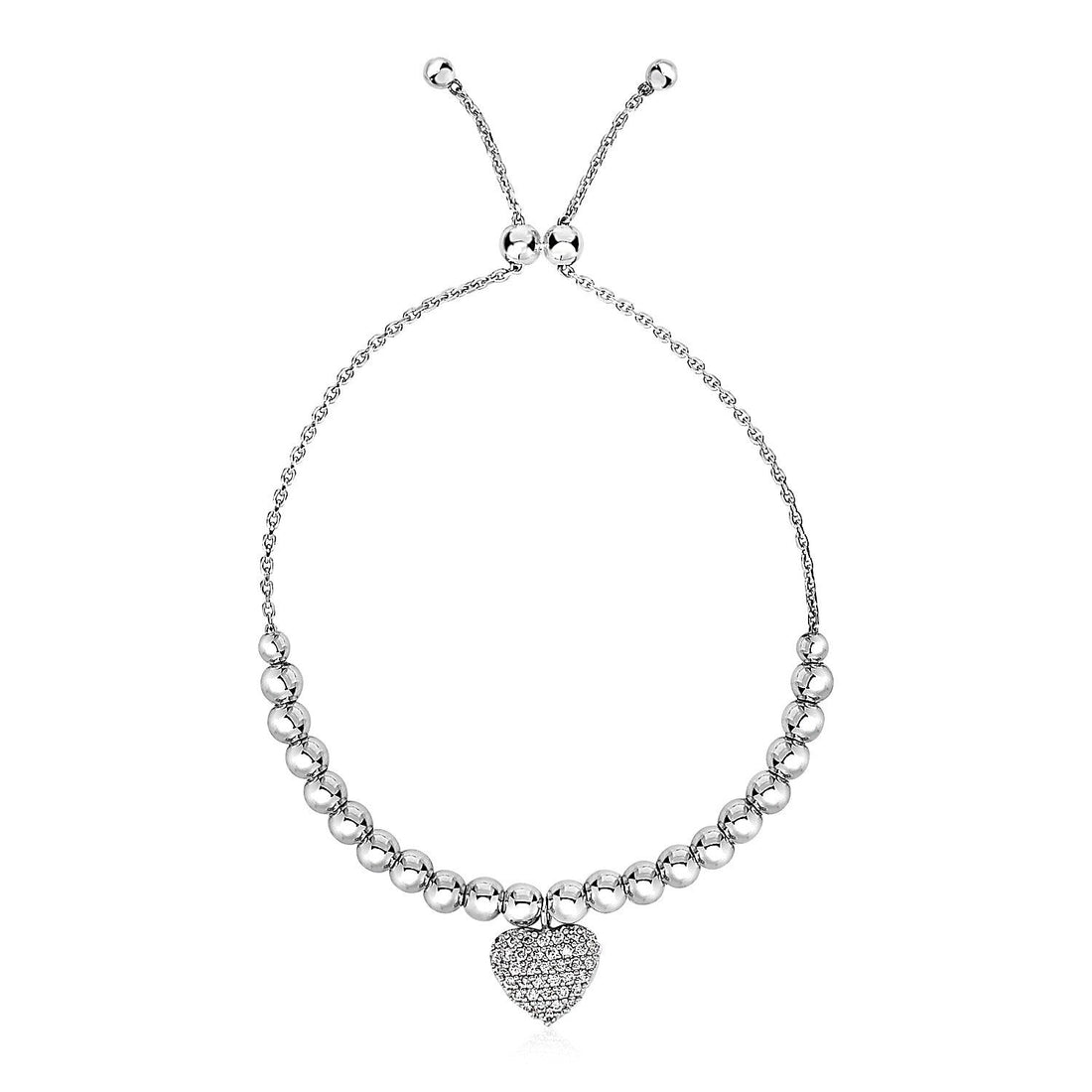 Adjustable Bead Bracelet with Round Charm and Cubic Zirconias in Sterling Silver - Coolpeacock