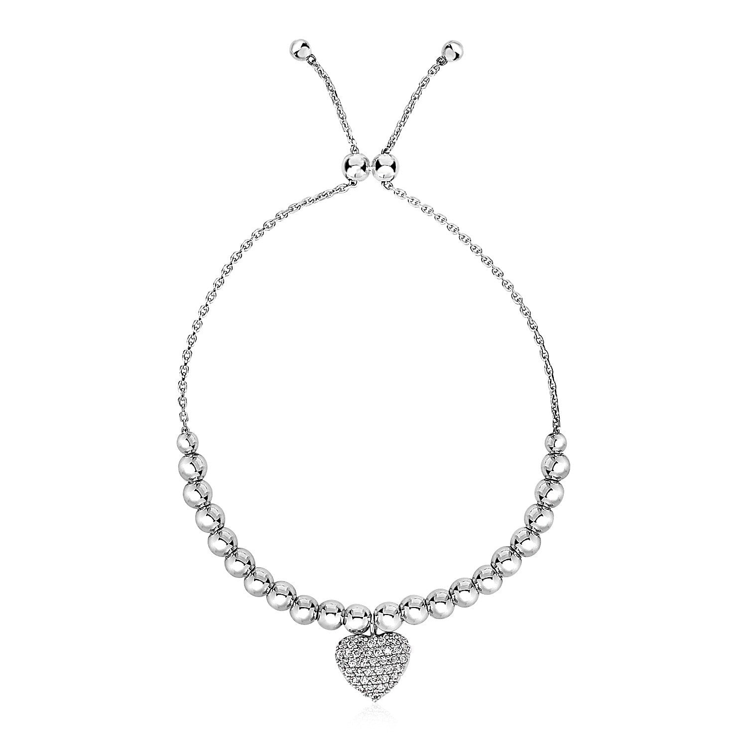 Adjustable Bead Bracelet with Round Charm and Cubic Zirconias in Sterling Silver - Coolpeacock