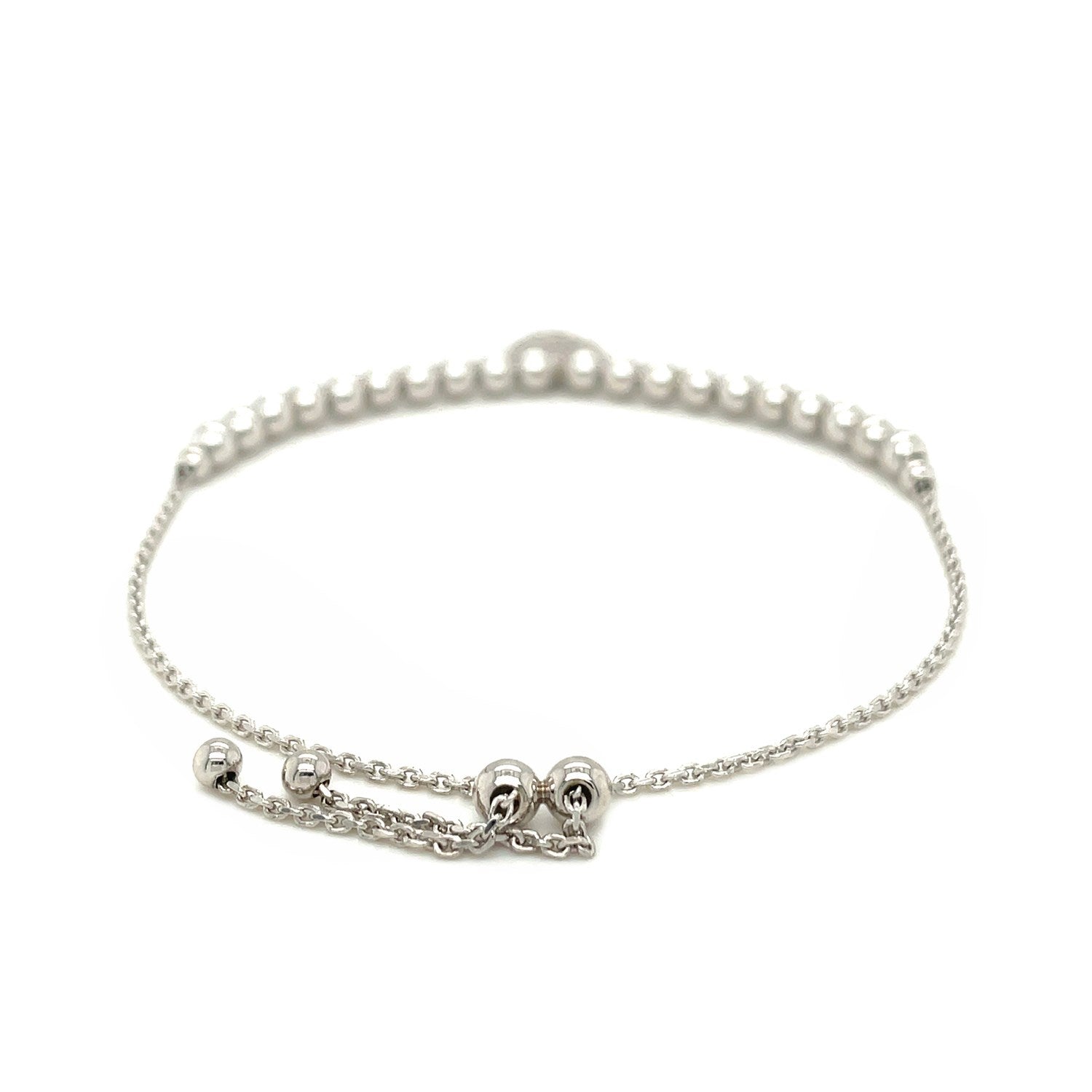Adjustable Bead Bracelet with Round Charm and Cubic Zirconias in Sterling Silver - Coolpeacock