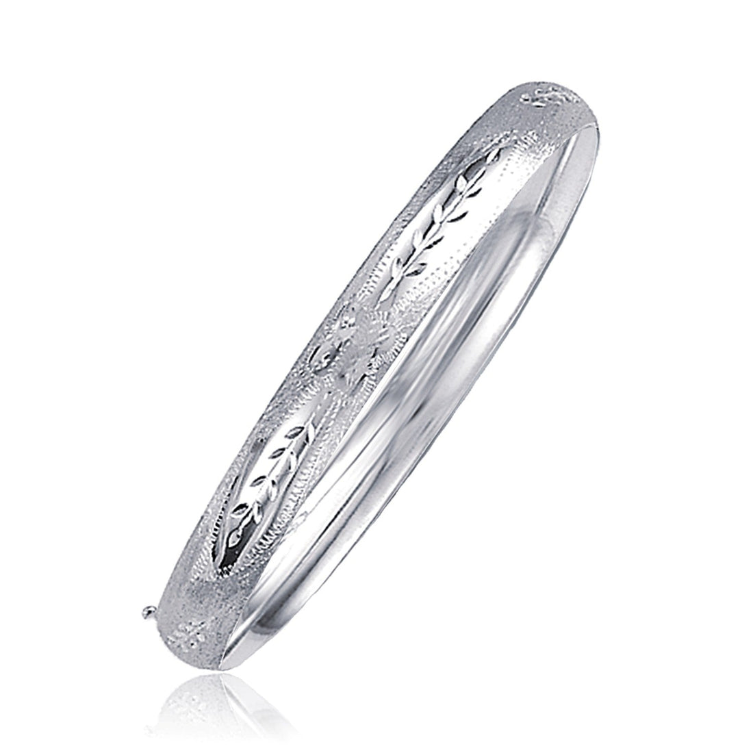 Classic Floral Carved Bangle in 14k White Gold (6.00 mm) - Coolpeacock