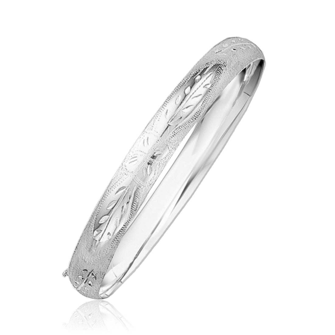 Classic Floral Carved Bangle in 14k White Gold (8.00 mm) - Coolpeacock