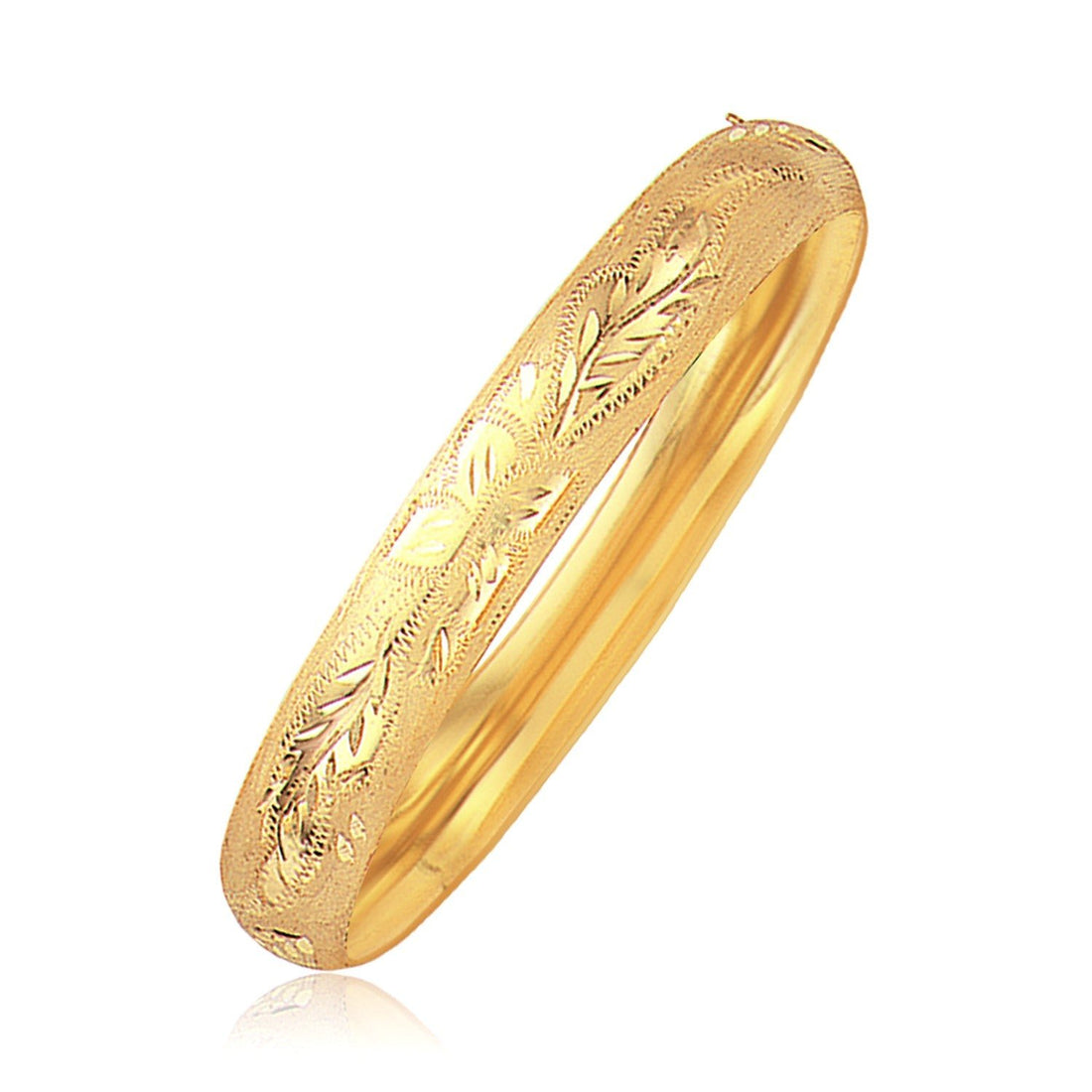 Classic Floral Carved Bangle in 14k Yellow Gold (10.00 mm) - Coolpeacock
