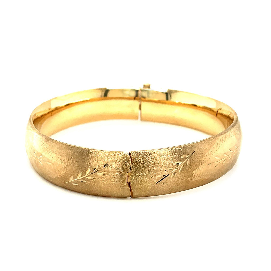 Classic Floral Carved Bangle in 14k Yellow Gold (13.50 mm) - Coolpeacock