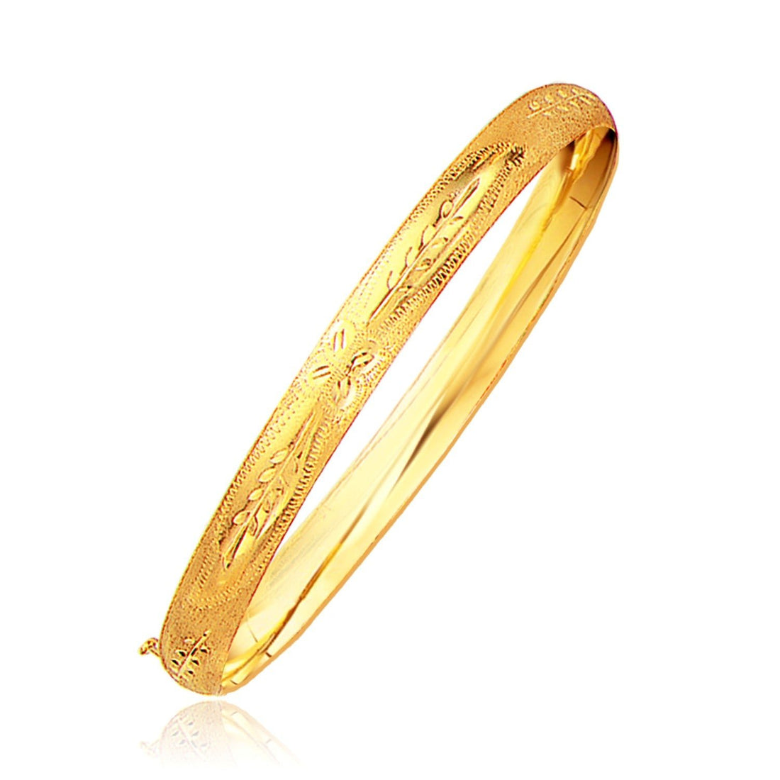 Classic Floral Carved Bangle in 14k Yellow Gold (6.00 mm) - Coolpeacock