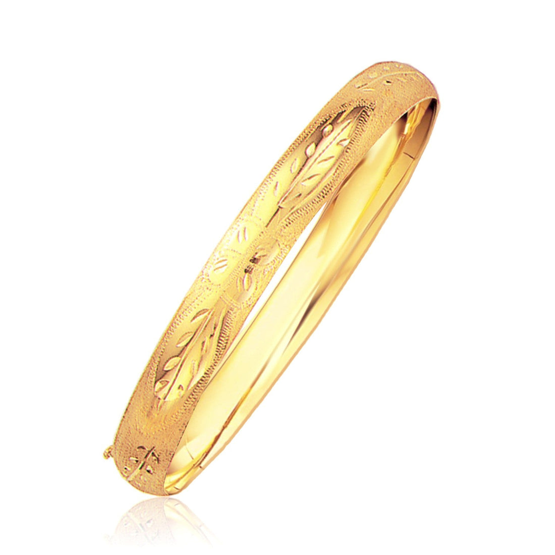 Classic Floral Carved Bangle in 14k Yellow Gold (8.00 mm) - Coolpeacock
