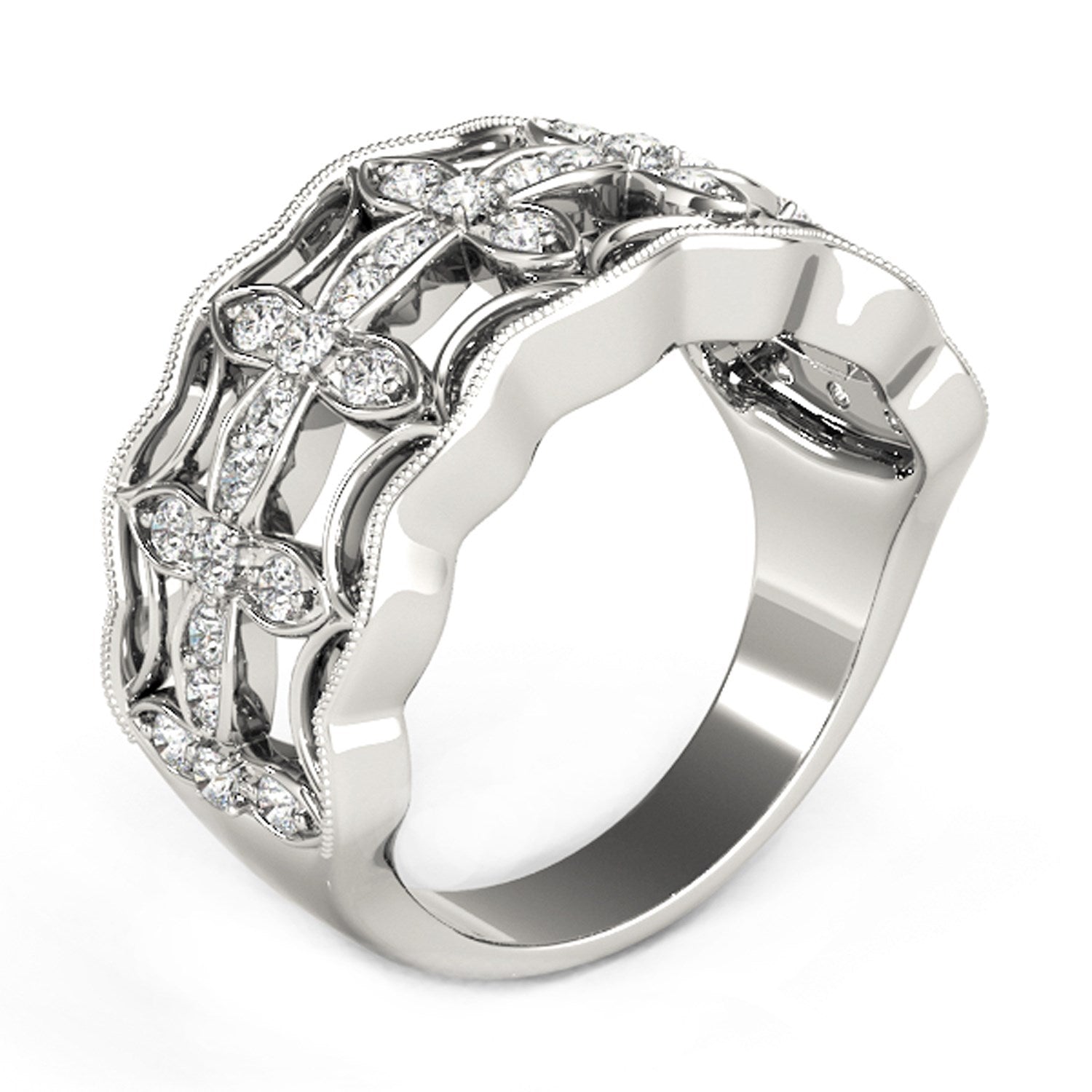 Diamond Studded Four Leaf Clover Motif Ring in 14k White Gold (1/4 cttw) - Coolpeacock