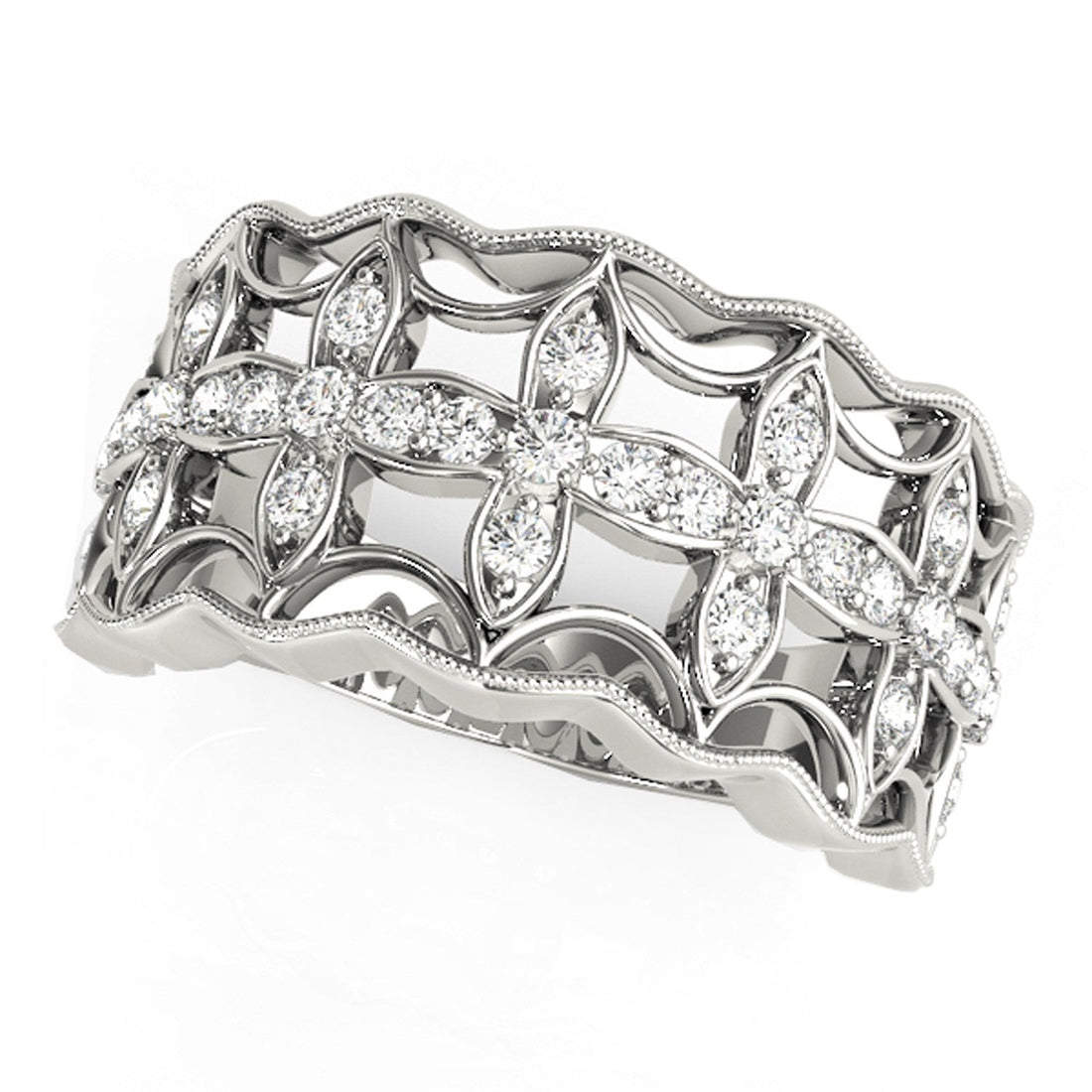 Diamond Studded Four Leaf Clover Motif Ring in 14k White Gold (1/4 cttw) - Coolpeacock
