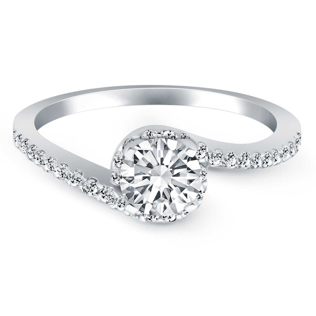 Halo Engagement Ring with14K White Gold BypassSwirl Diamond for Women - Coolpeacock