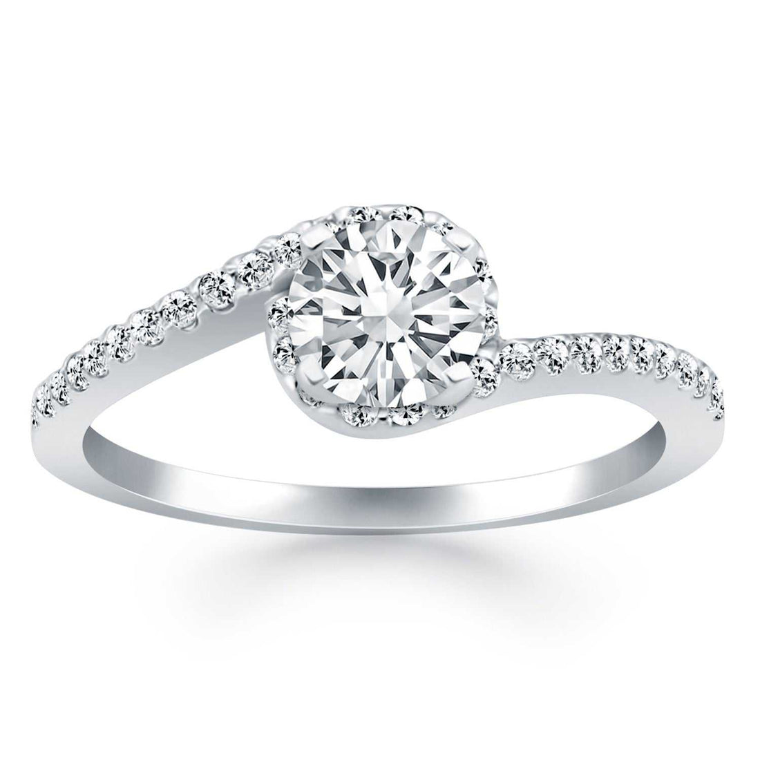 Halo Engagement Ring with14K White Gold BypassSwirl Diamond for Women - Coolpeacock