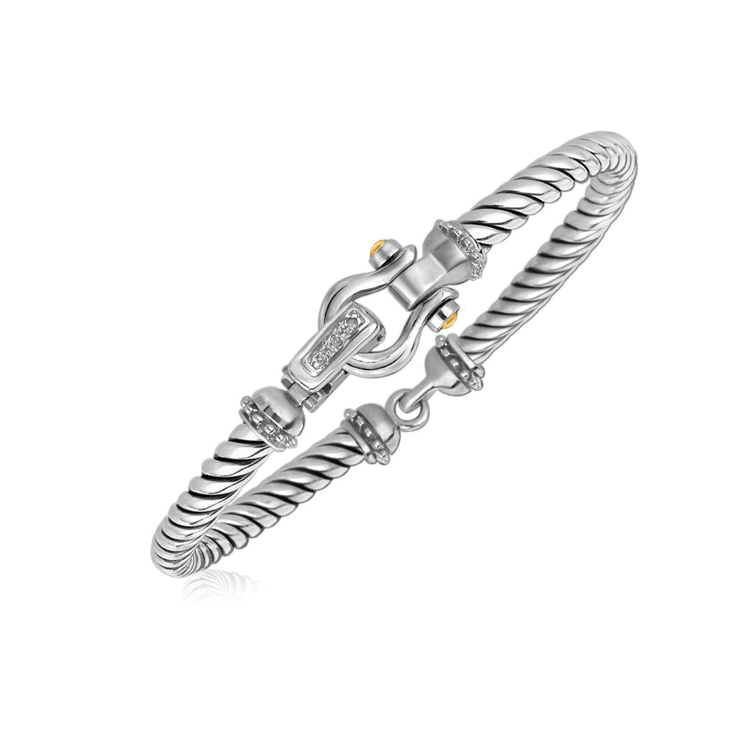 Italian Cable Bracelet with Diamond Accents in 18k Yellow Gold and Sterling Silver (5.00 mm) - Coolpeacock