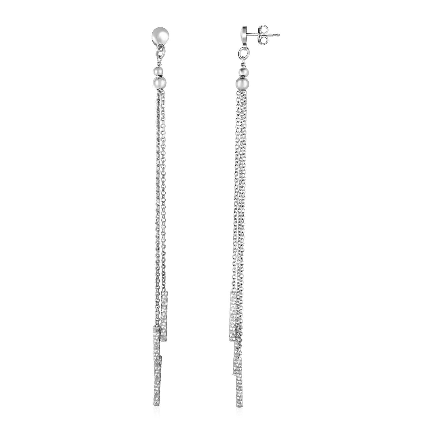 Long Chain Tassel and Textured Bar Drop Earrings in Sterling Silver - Coolpeacock