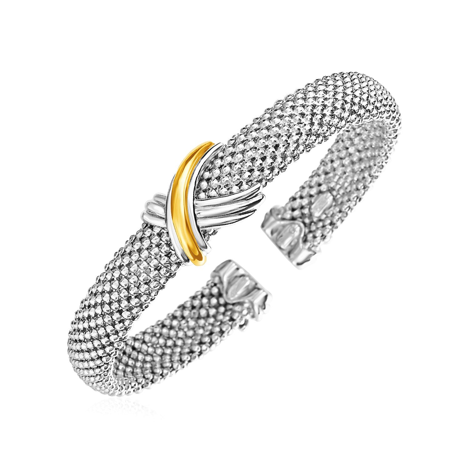 Popcorn Texture Cuff Bangle with X Motif in Sterling Silver and 18k Yellow Gold (10.00 mm) - Coolpeacock