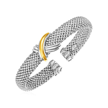 Popcorn Texture Cuff Bangle with X Motif in Sterling Silver and 18k Yellow Gold (10.00 mm) - Coolpeacock