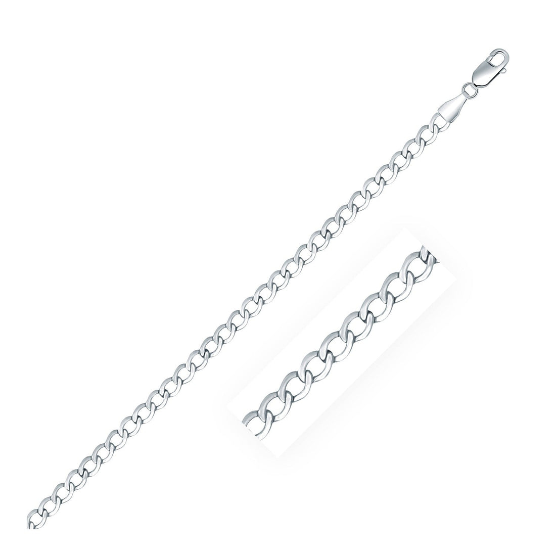Rhodium Plated 3.7mm Sterling Silver Curb Style Chain (3.70 mm) - Coolpeacock