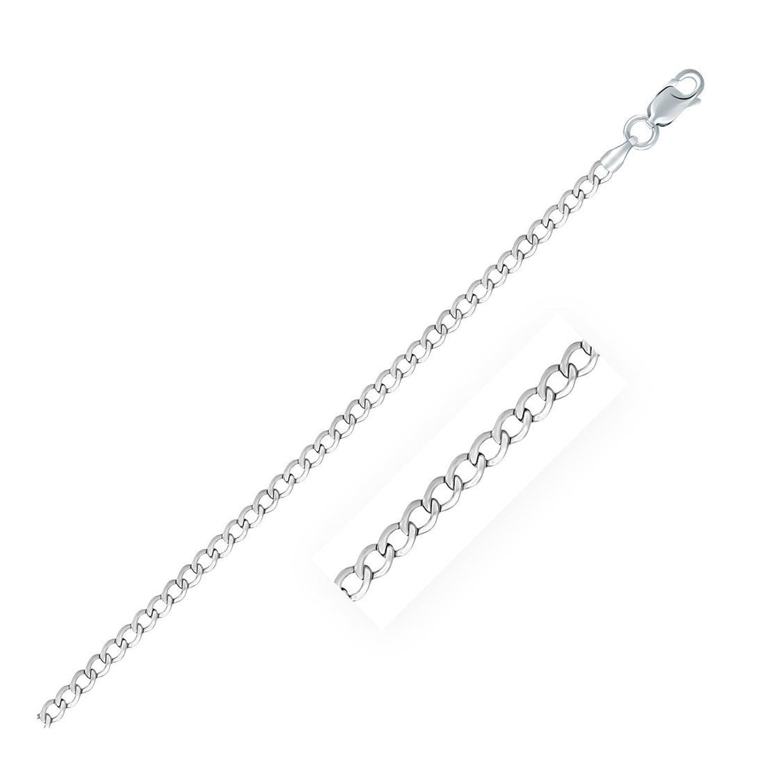 Rhodium Plated Sterling Silver Curb Style Chain (3.00 mm) - Coolpeacock