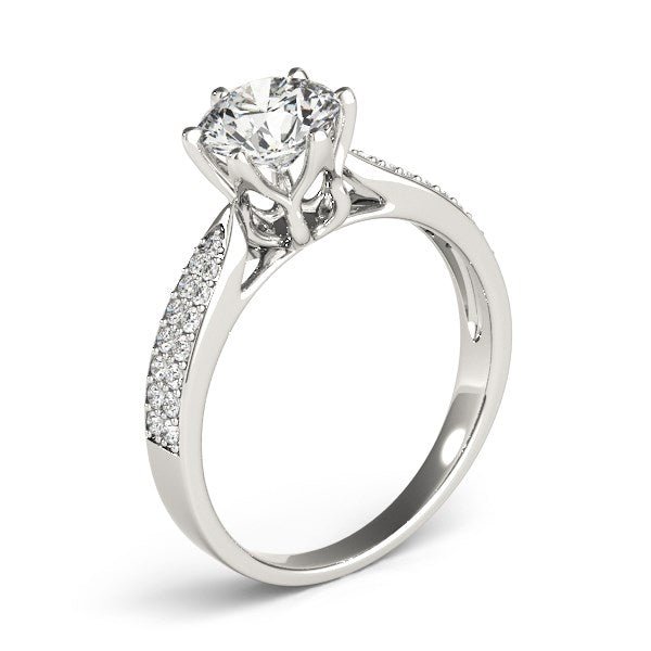 Six Prong 14k White Gold Diamond Engagement Ring with Pave Band (1 5/8 cttw) - Coolpeacock