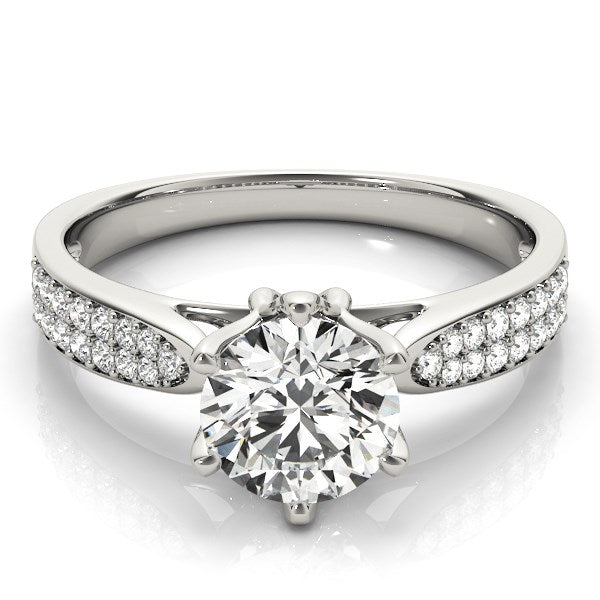 Six Prong 14k White Gold Diamond Engagement Ring with Pave Band (1 5/8 cttw) - Coolpeacock