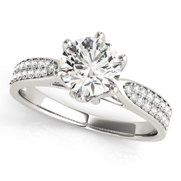 Six Prong 14k White Gold Diamond Engagement Ring with Pave Band (1 5/8 cttw) - Coolpeacock