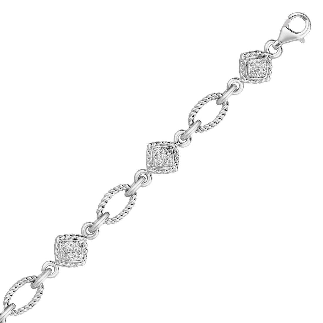 Sterling Silver Cable Oval and Square Link Bracelet with Diamonds (1/4 cttw) - Coolpeacock