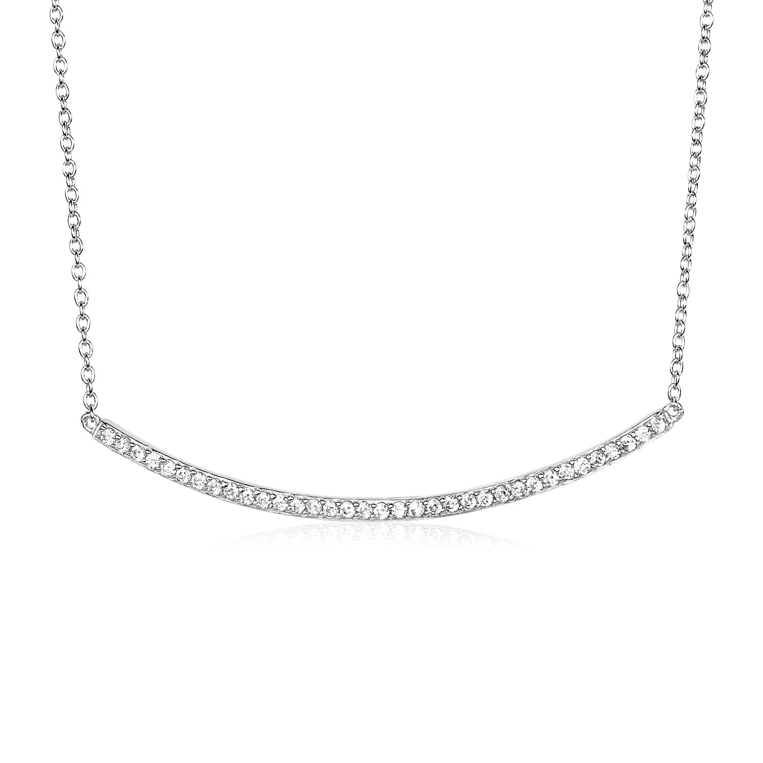 Sterling Silver Curved Bar Necklace with Cubic Zirconias - Coolpeacock