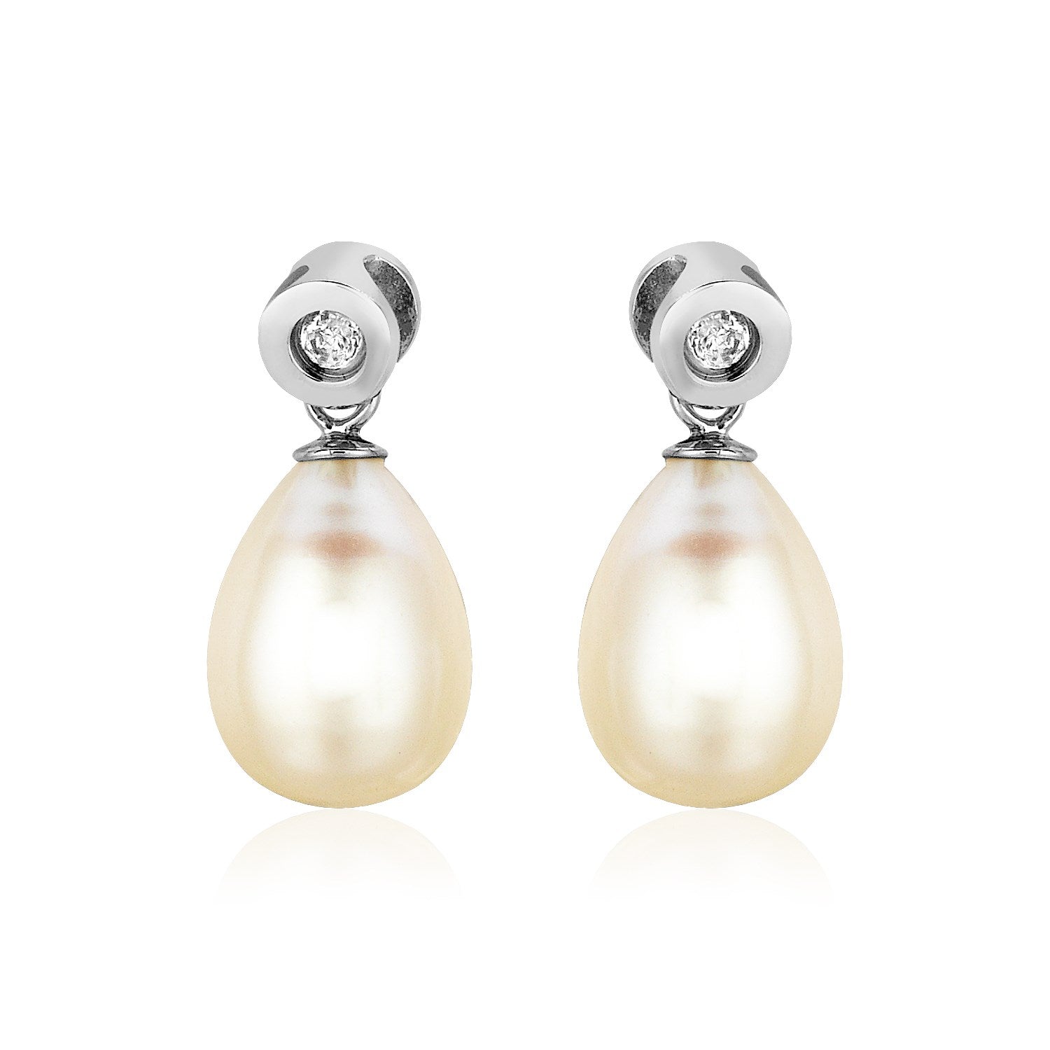 Sterling Silver Earrings with Pear Shaped Freshwater Pearls and Cubic Zirconias - Coolpeacock