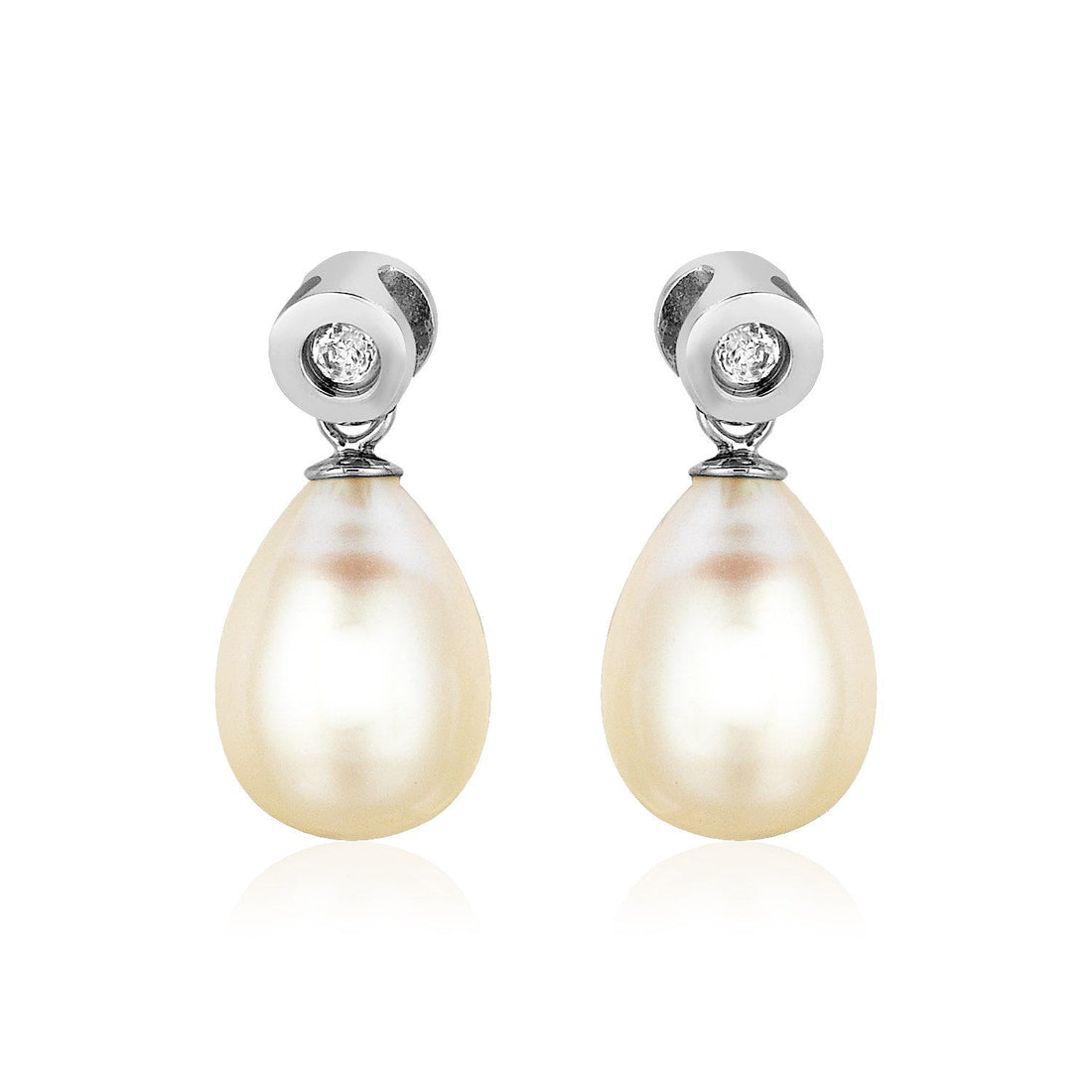 Sterling Silver Earrings with Pear Shaped Freshwater Pearls and Cubic Zirconias - Coolpeacock