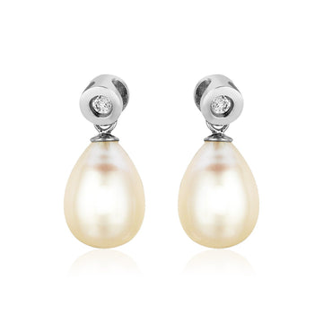 Sterling Silver Earrings with Pear Shaped Freshwater Pearls and Cubic Zirconias - Coolpeacock