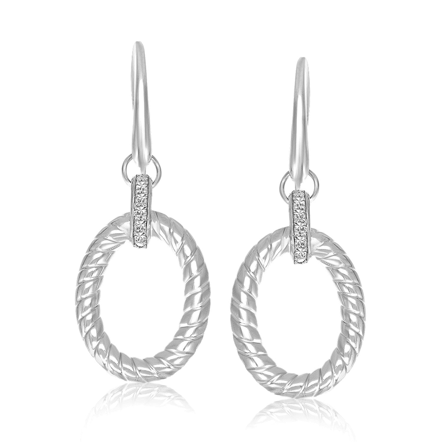 Sterling Silver Rhodium Finished Diamond Embellished Oval Rope Drop Earrings - Coolpeacock