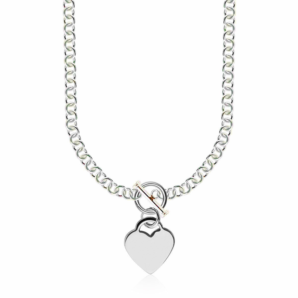 Sterling Silver Rhodium Plated Rolo Chain Necklace with a Heart Toggle Charm - Coolpeacock