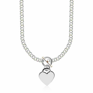 Sterling Silver Rhodium Plated Rolo Chain Necklace with a Heart Toggle Charm - Coolpeacock