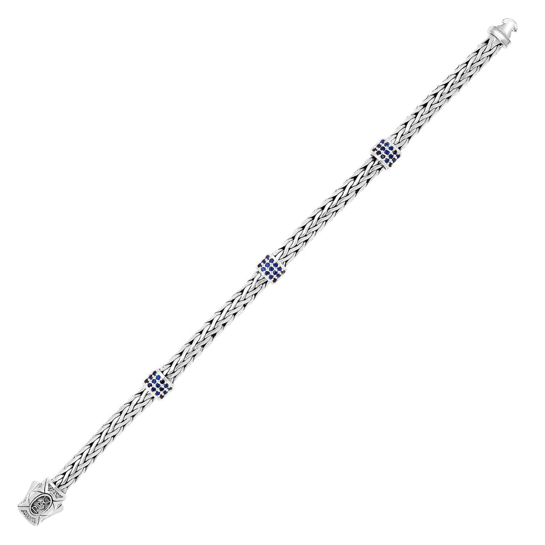 Sterling Silver Woven Bracelet with Blue Sapphire Stations (6.35 mm) - Coolpeacock