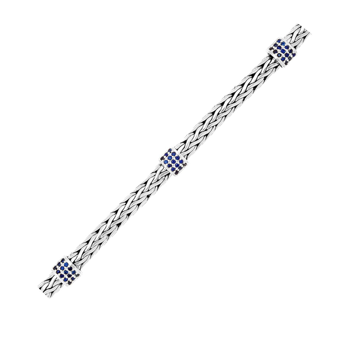 Sterling Silver Woven Bracelet with Blue Sapphire Stations (6.35 mm) - Coolpeacock