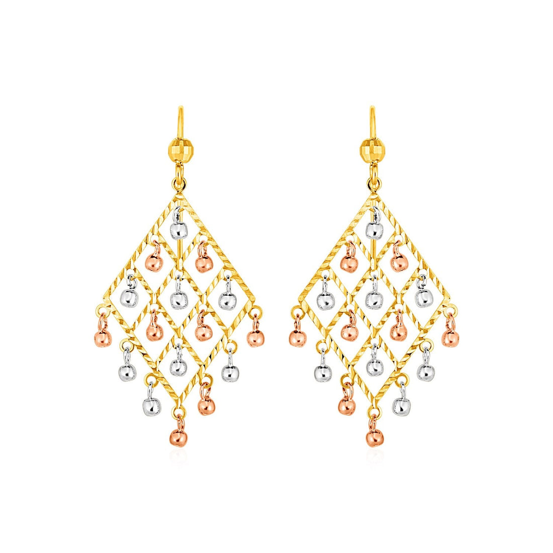 Textured Chandelier Earrings with Ball Drops in 14k Tri Color Gold - Coolpeacock