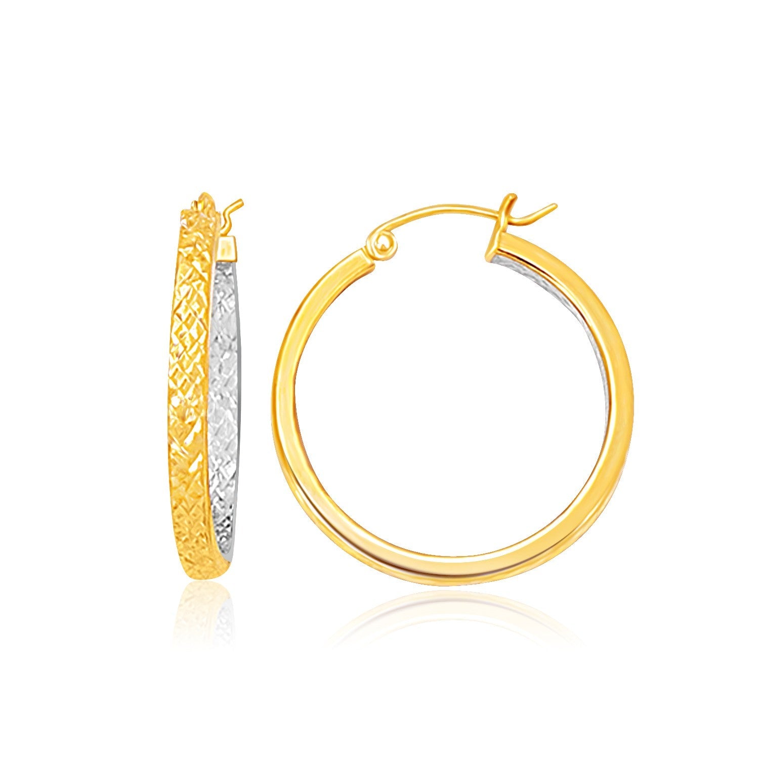 Two - Tone Yellow and White Gold Medium Patterned Hoop Earrings(3x30mm) - Coolpeacock