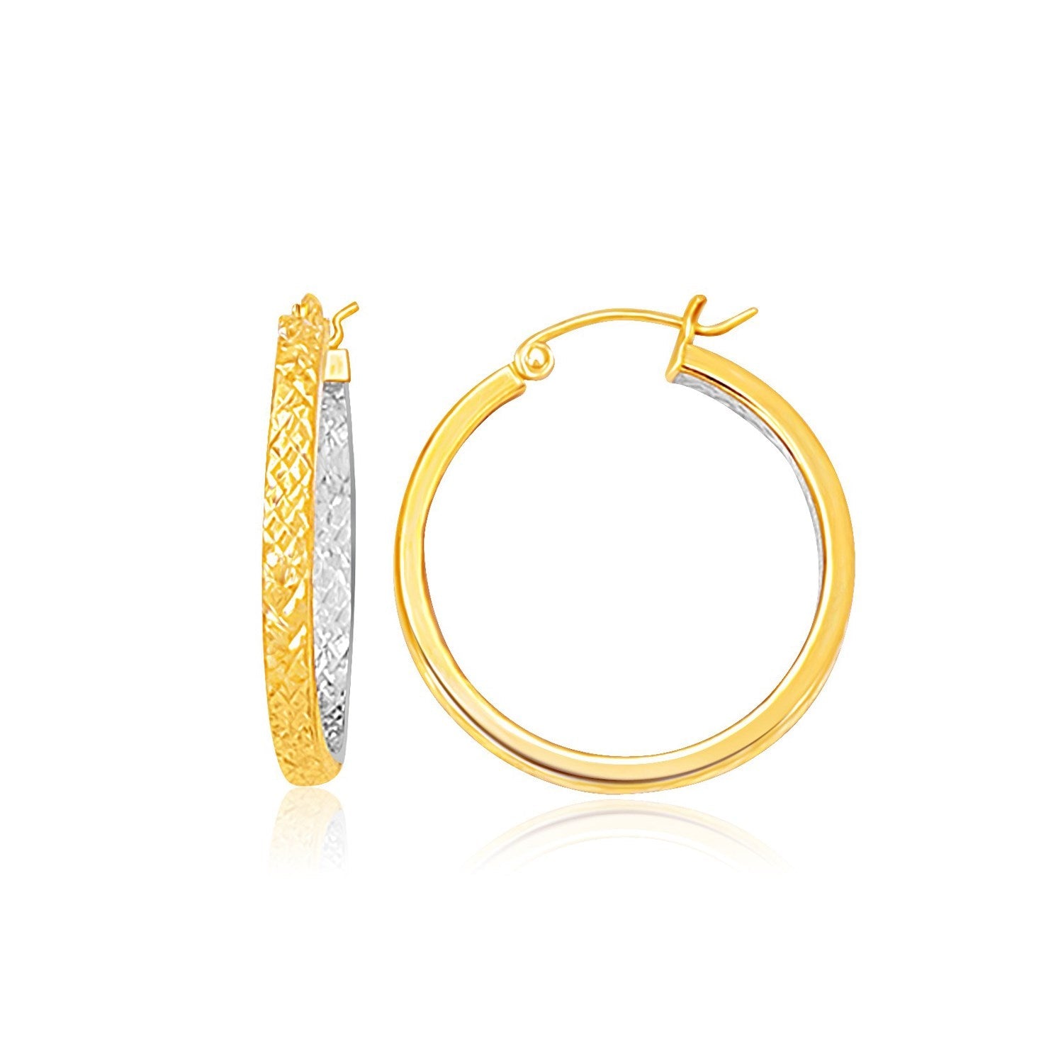 Two - Tone Yellow and White Gold Petite Patterned Hoop Earrings(3x25mm) - Coolpeacock